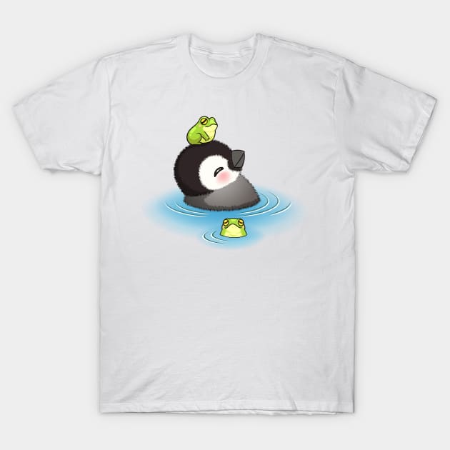 Happy emperor penguin chick with frog T-Shirt by tomodaging